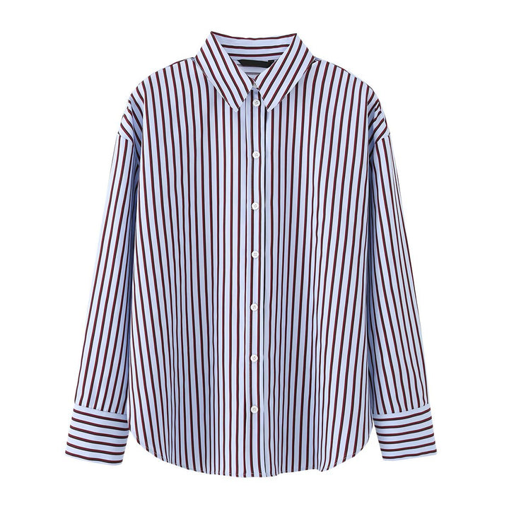 Women Striped Oversized Shirt Blouse with Kent Collar and Long Cuffs Mune Fashion