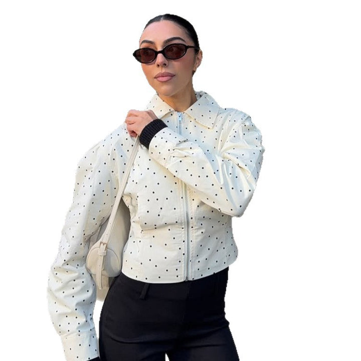 Women's tailored short jacket with polka-dot perforation, shirt collar, and concealed zipper Mune Fashion