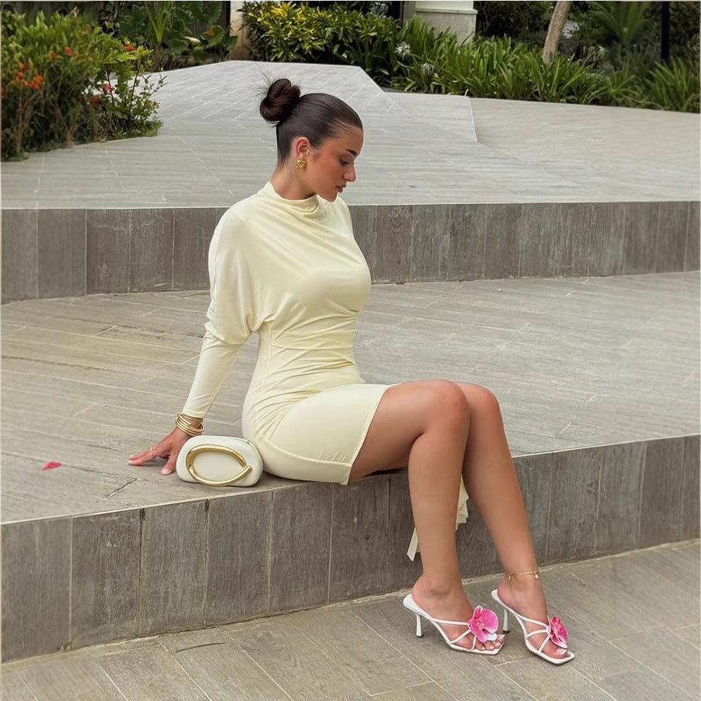 Women Tailored Mini Dress with High Stand Collar & Side Draping Mune Fashion