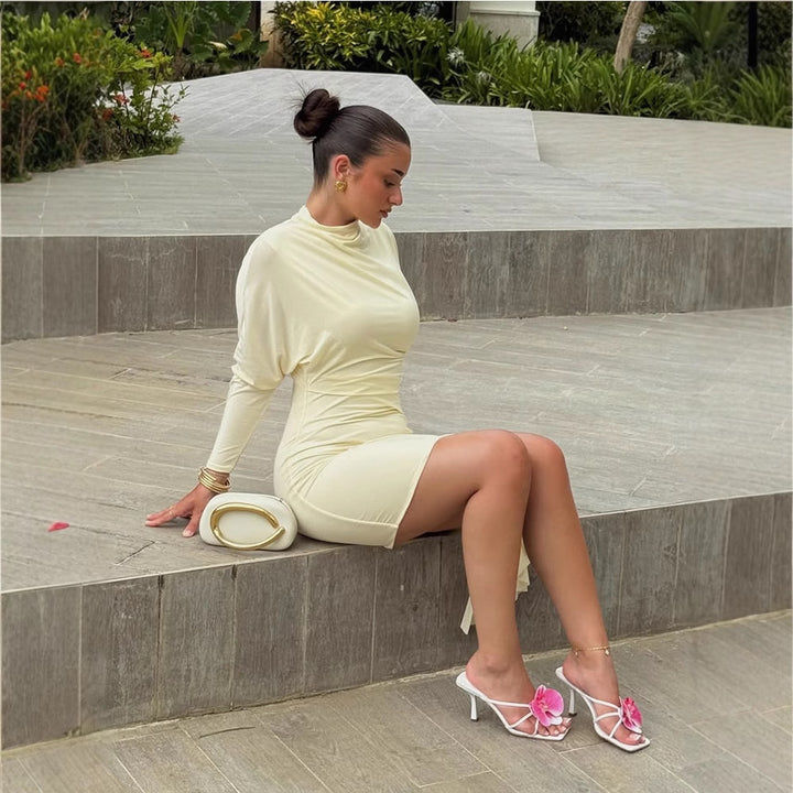 Women Tailored Mini Dress with High Stand Collar & Side Draping Mune Fashion