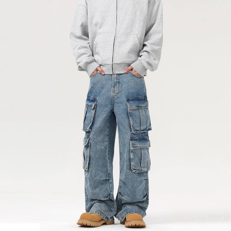 Men's Ultra Wide Denim Cargo Jeans in Baggy Cut with Multiple Flap Pockets Mune Fashion