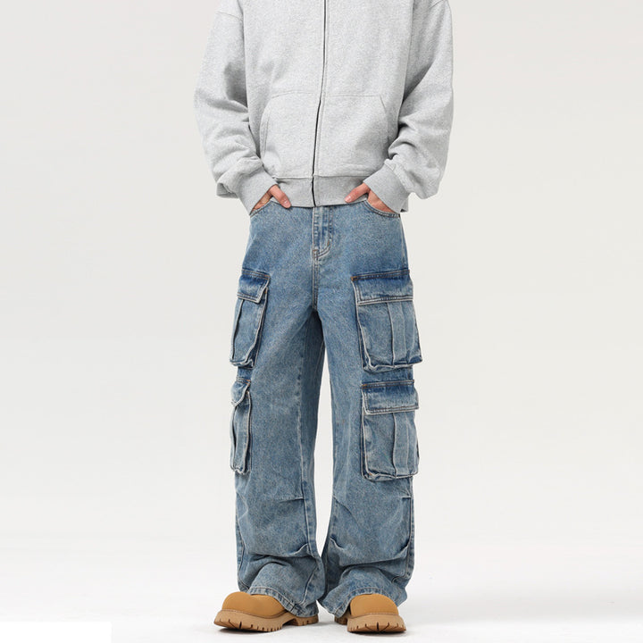 Men's Ultra Wide Denim Cargo Jeans in Baggy Cut with Multiple Flap Pockets Mune Fashion