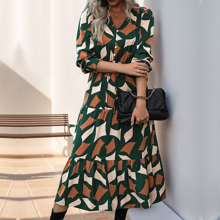 Women's Long Tiered Maxi Dress with Graphic Print, V-Neck, Drawstring Waist and Gathered Cuffs Mune Fashion