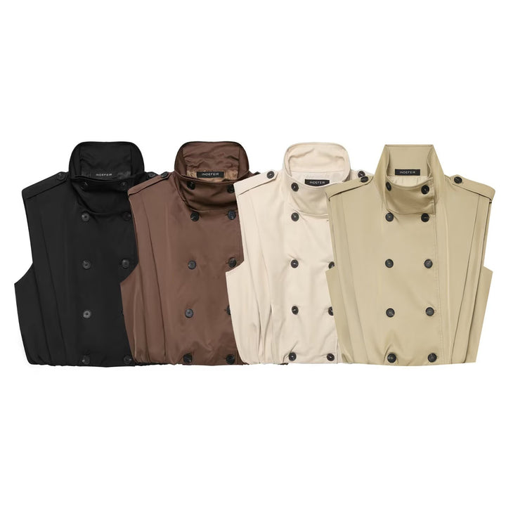 Women Sleeveless Trench Vest with Double Breasted and Stand Collar Mune Fashion