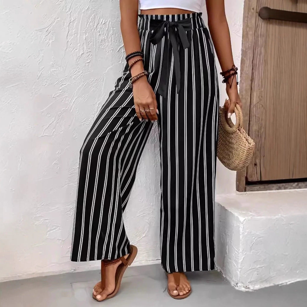 Women Striped High-Waist Paperbag Palazzo Pants with Wide Leg Drune