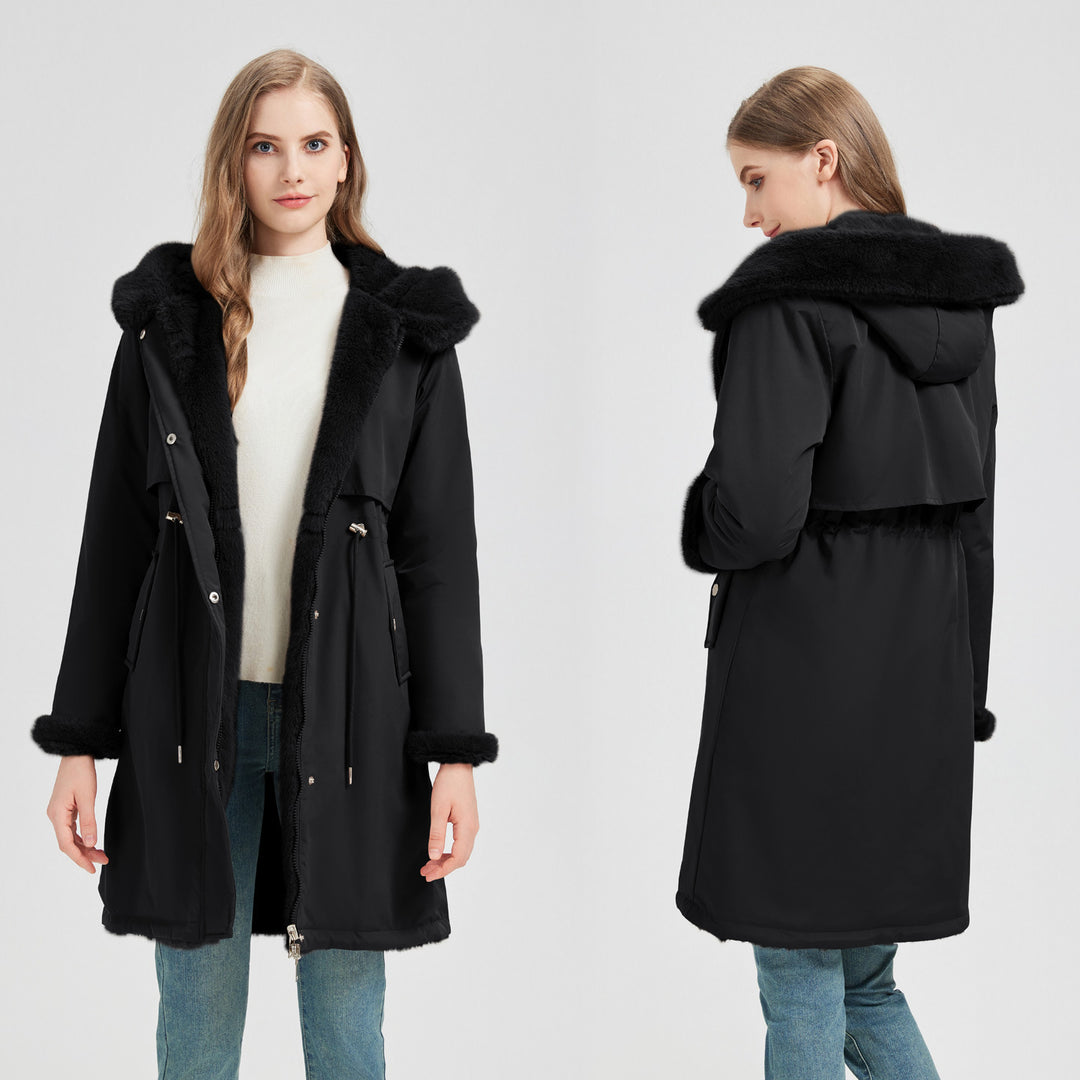 Women's tailored long thermal parka with faux fur trim on hood and sleeves as well as drawstring waist Mune Fashion