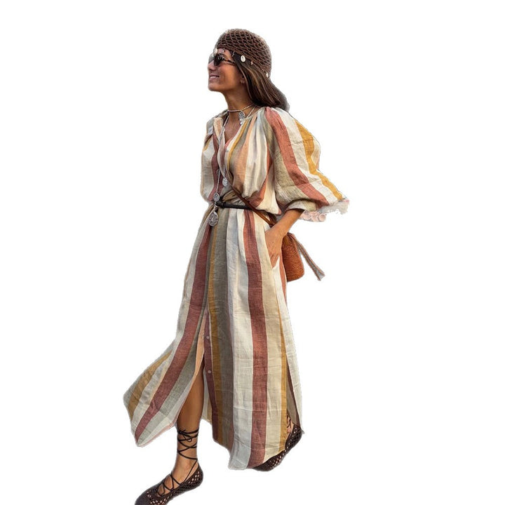 Women's Striped Linen Maxi Dress in Boho Style with Balloon Sleeves, Side Slit and Waist Belt Mune Fashion