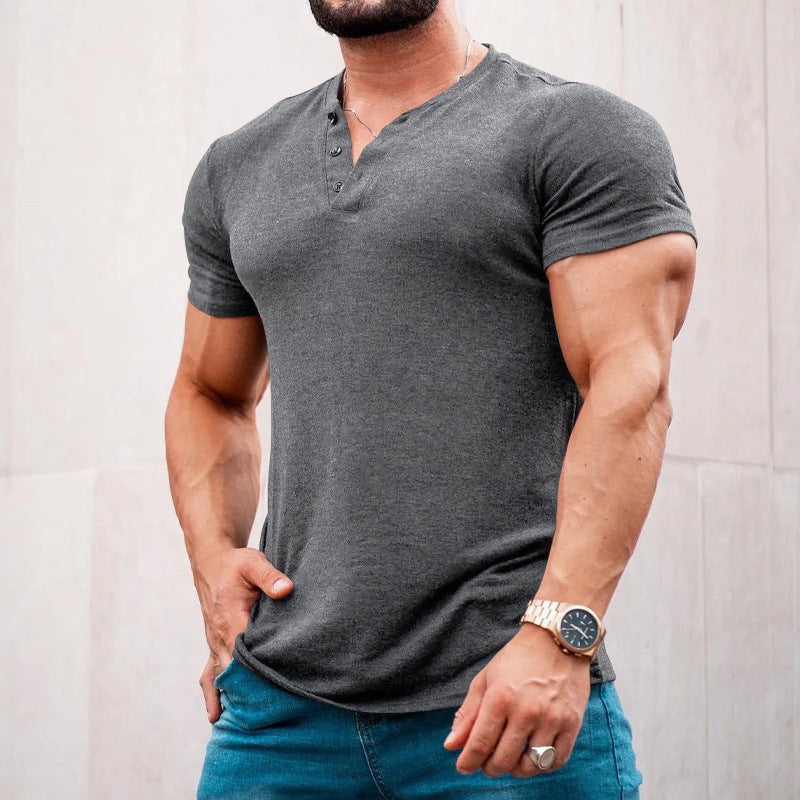 Men's muscle-fitting short-sleeve shirt with button placket and V-neck made of cotton stretch Mune Fashion
