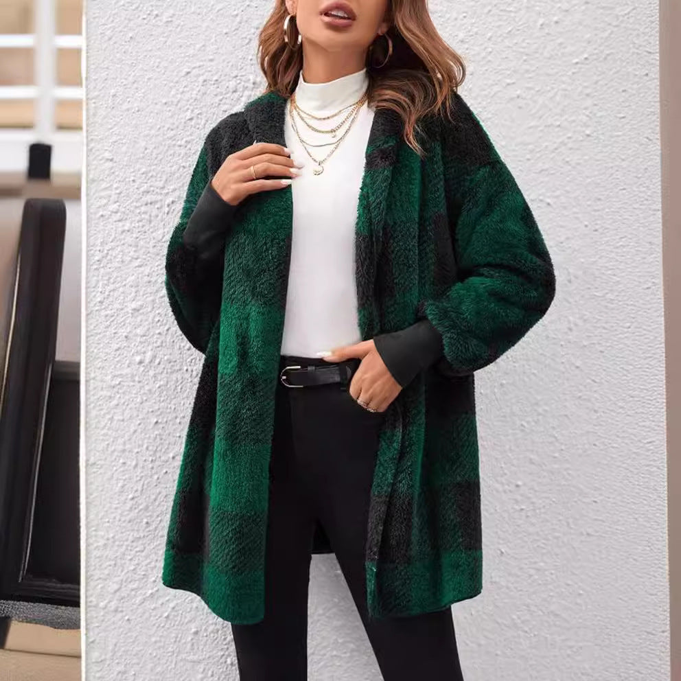 Women's checked teddy coat with large lapel collar and ribbed cuffs Mune Fashion