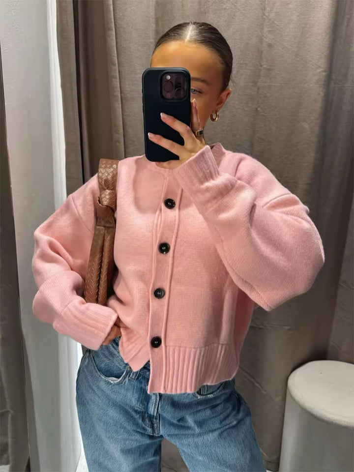 Women's Short Boxy Cardigan with Large Button Placket, Ribbed Hem & Volume Sleeves Mune Fashion