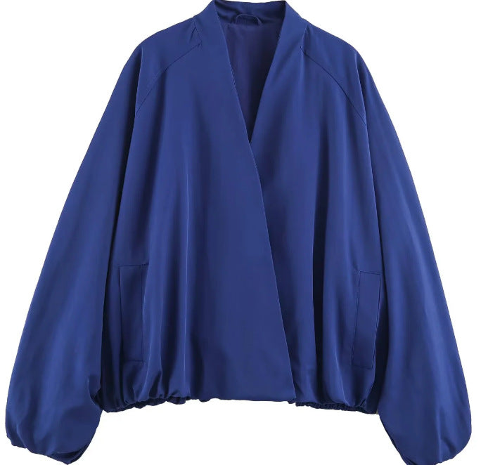 Women Short Blouson made of Artificial Leather with Double-Breasted Button Placket and Shoulder Cape Mune Fashion