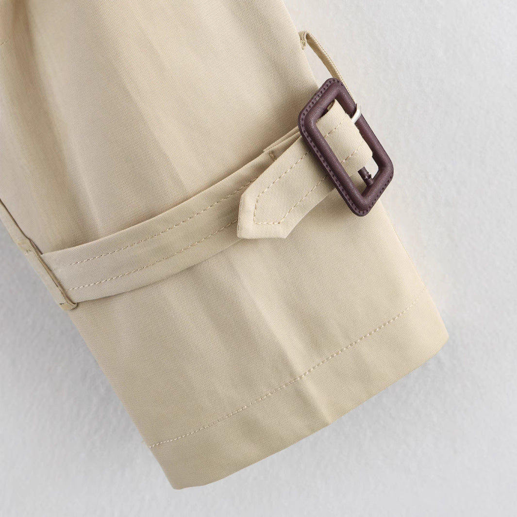 Women's Short Trench Coat with Double Breasted, Stand Collar, Epaulettes and Waist Belt Mune Fashion