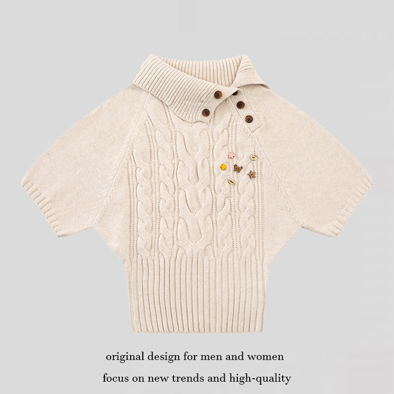 Women's Short-Sleeved Cable Knit Sweater Top with Stand Collar and Button Placket Mune Fashion
