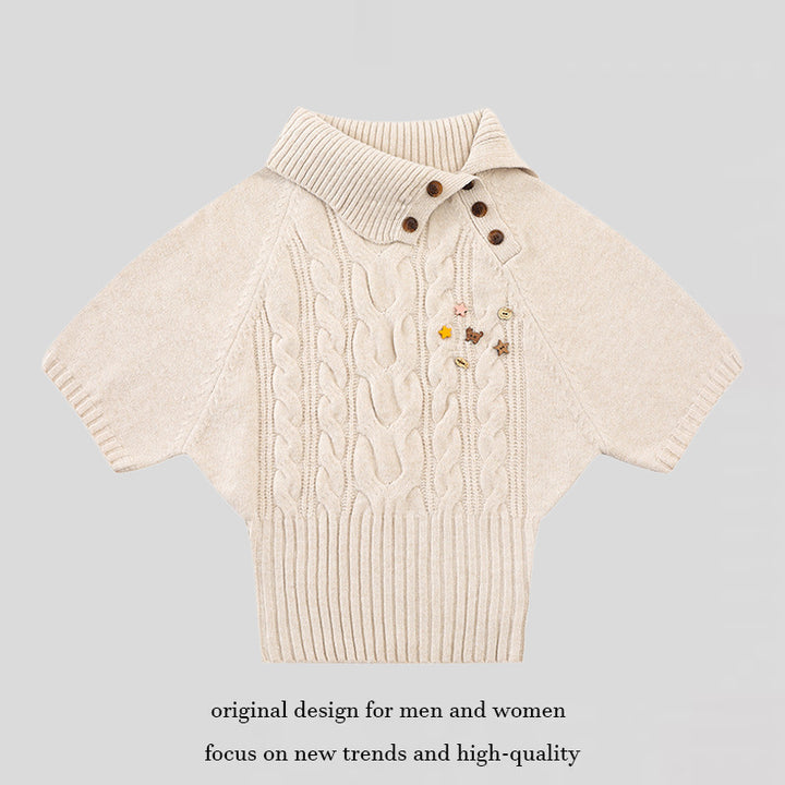 Women's Short-Sleeved Cable Knit Sweater Top with Stand Collar and Button Placket Mune Fashion