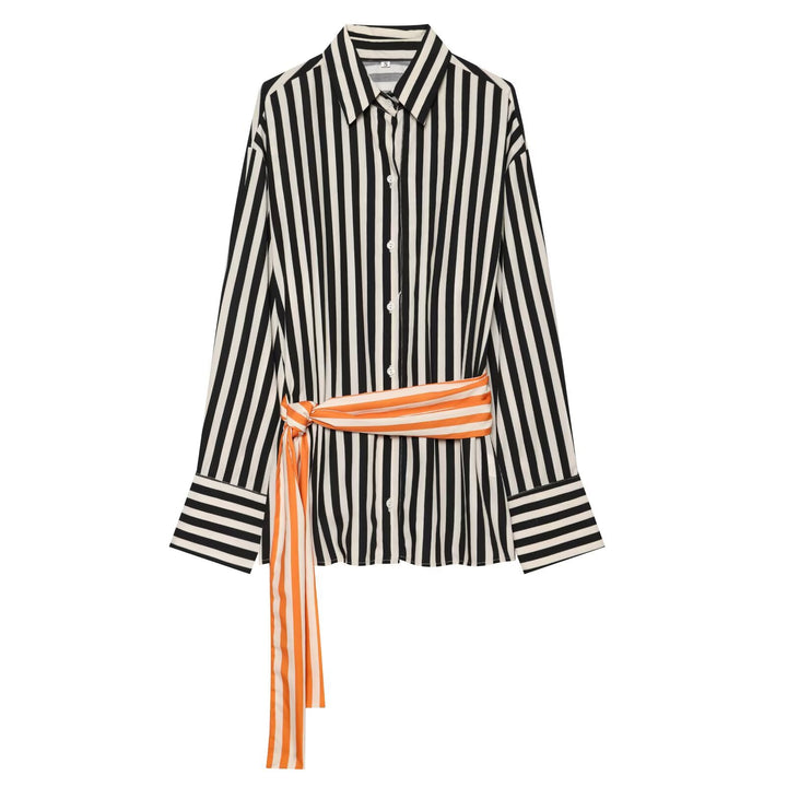 Women Long Sleeve Shirt with Vertical Stripes and Waist Tie Mune Fashion
