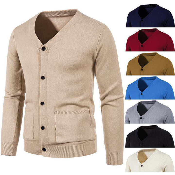 Men's slim fine knit cardigan with V-neck, button placket, and patch pockets Mune Fashion