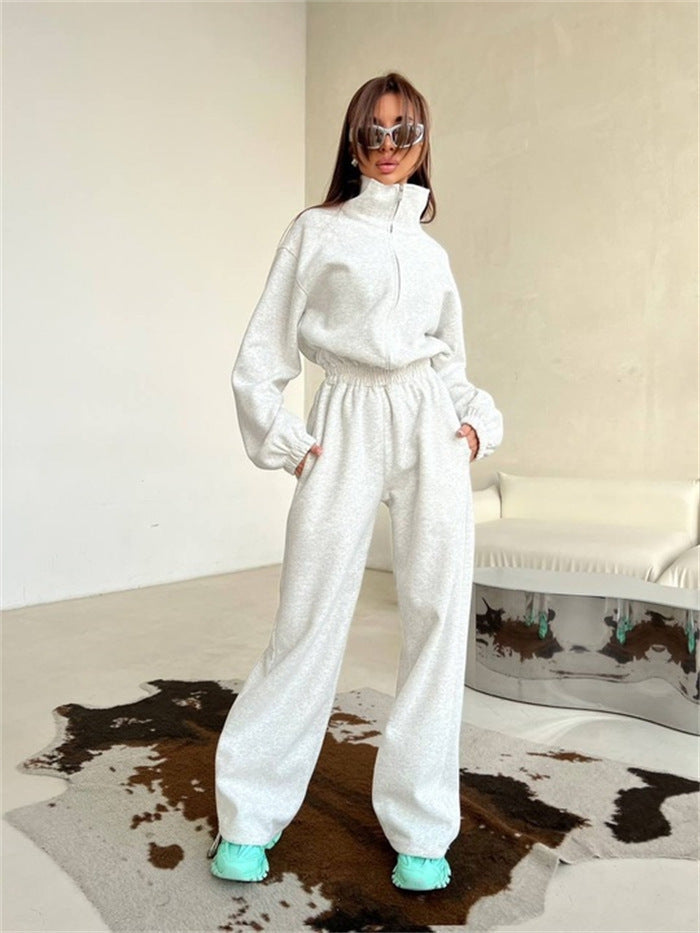 Women's Relaxed Loungewear Set with Half-Zip Stand Collar and High-Waisted Wide-Leg Jogging Pants Mune Fashion