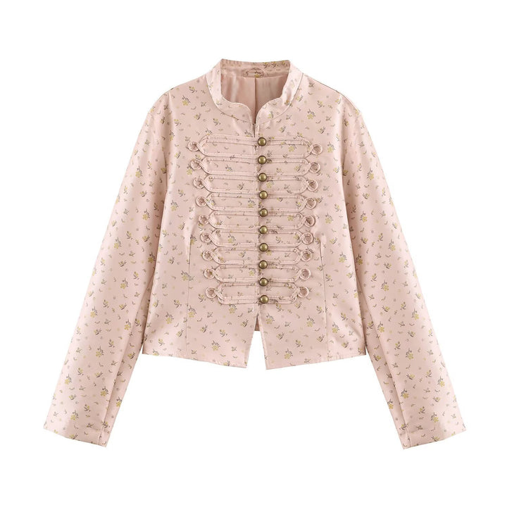 Women Cropped Satin Jacket in Military Style with Decorative Frog Trim Mune Fashion