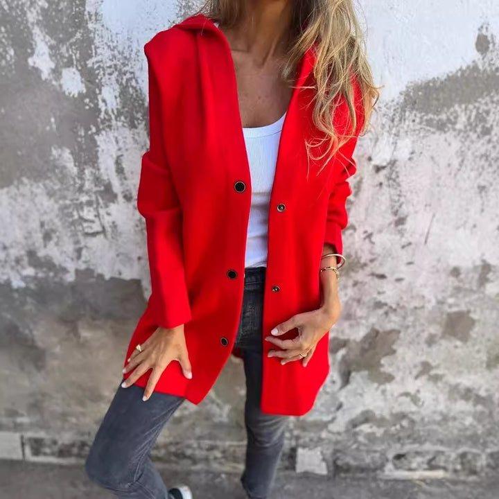 Women's hooded coat mid-length cotton blend with snap button placket and side pockets Mune Fashion