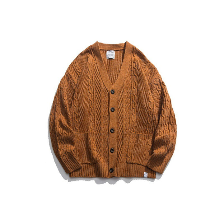 Unisex Oversized Knit Cardigan with Cable Pattern, V-Neck and Patch Pockets Mune Fashion