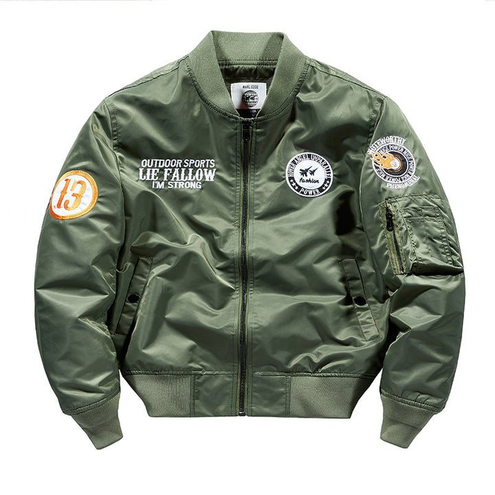 Men's Nylon Pilot Bomber Jacket with Emblem Patches, Sleeve Utility Pocket and Ribbed Cuffs Mune Fashion