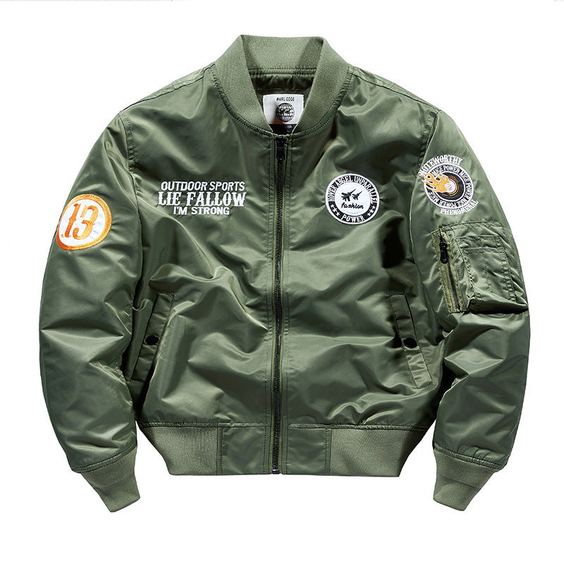 Men's lightweight pilot bomber jacket with badge appliqués, arm pocket, and ribbed cuffs Mune Fashion