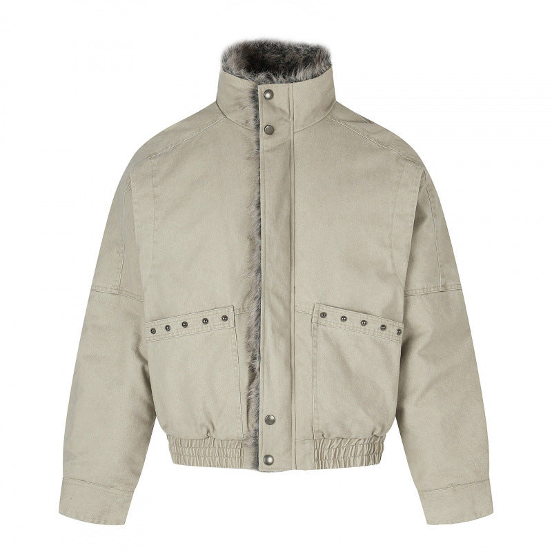 Women's Short Cut Corduroy Look Blouson Jacket with Faux Fur Lining and High Standing Collar Mune Fashion