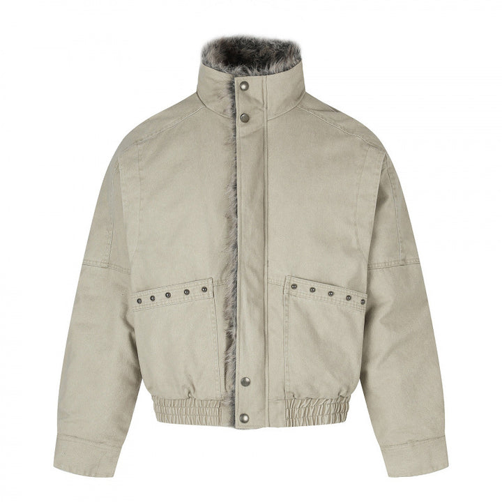 Women's Short Cut Corduroy Look Blouson Jacket with Faux Fur Lining and High Standing Collar Mune Fashion