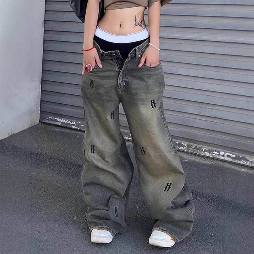 Women's High-Waist Straight-Leg Jeans with Decorative Mini-Embroideries and Used Effect Mune Fashion