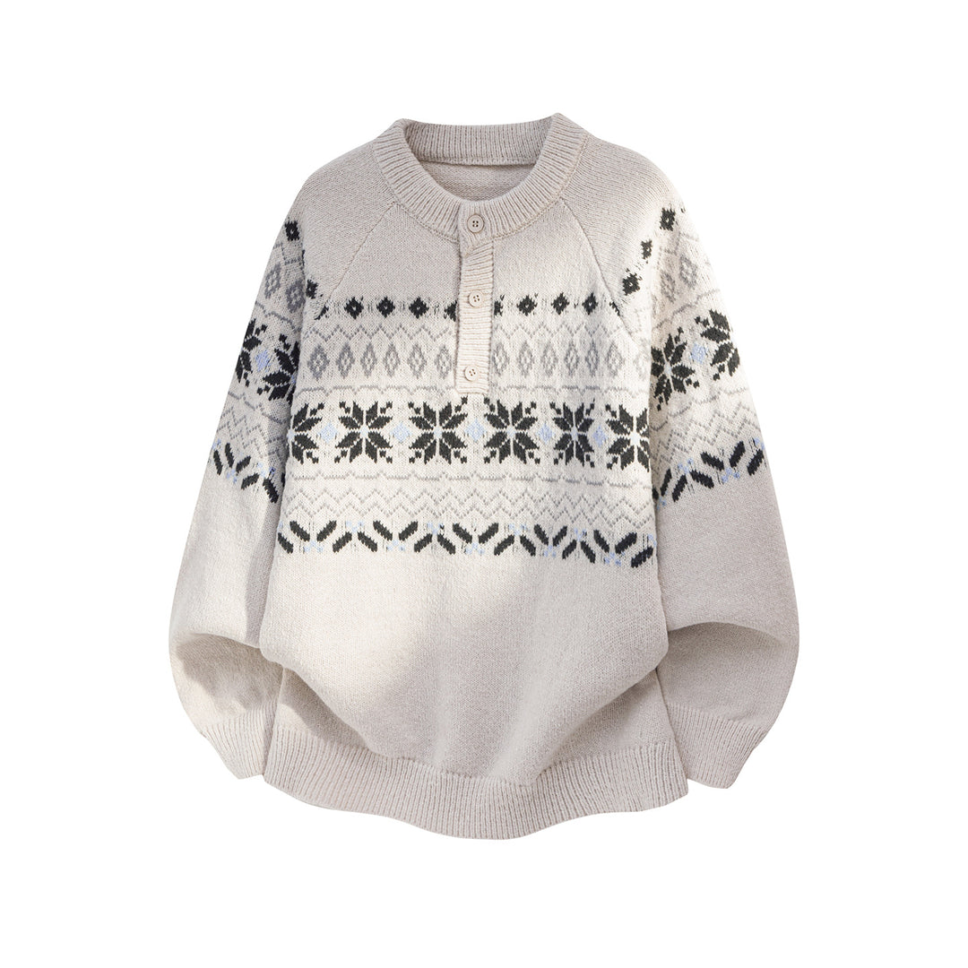 Ladies Oversize Norwegian Knit Sweater with Half Button Placket and Raglan Sleeves Mune Fashion