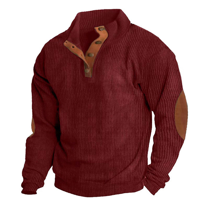 Men's Ribbed Henley Sweater with Stand Collar, Button Placket & Leather Elbow Patches Mune Fashion