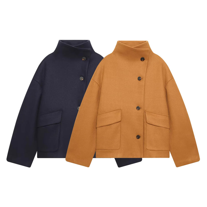 Women's trendy oversized wool blend jacket with high stand-up collar and large patch pockets Mune Fashion