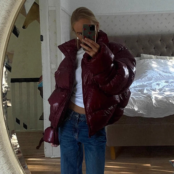 Women's Shiny Oversized Padded Jacket with Hood and High Stand-Up Collar Mune Fashion
