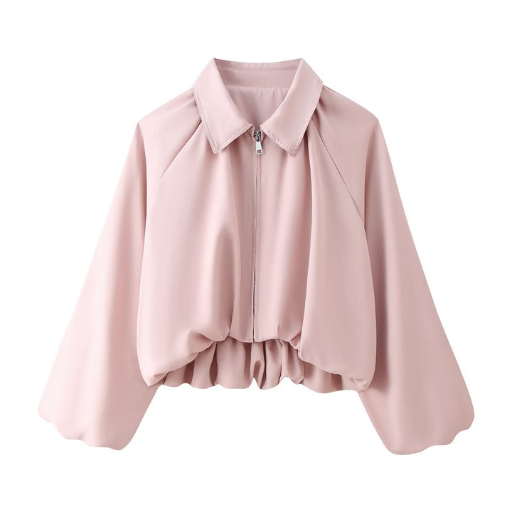 Women's Cropped Bomber Jacket with Shirt Collar, Zipper and Gathered Hem Mune Fashion