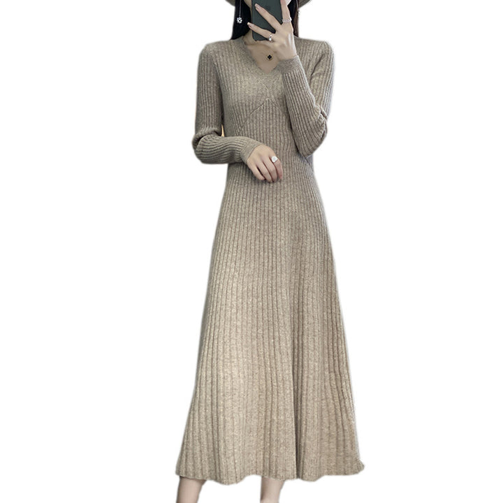 Women Long Ribbed Knit Midi Dress with Tailored Silhouette and A-Line Skirt Mune Fashion