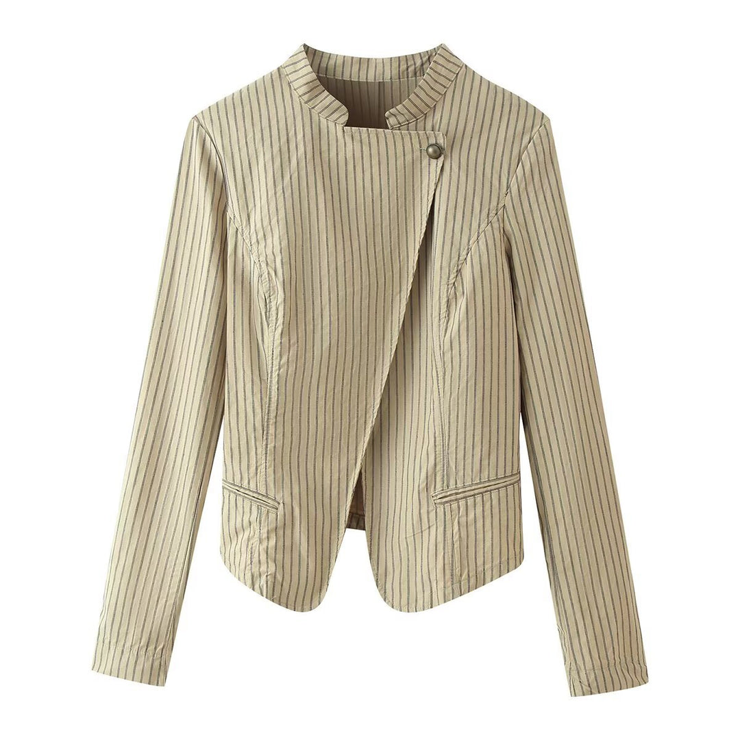 Women Asymmetrical Pinstripe Blazer Jacket with Stand Collar and Overlapping Front Mune Fashion