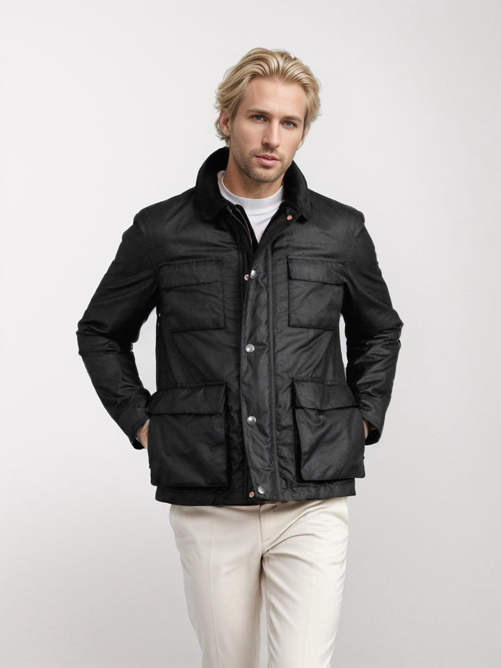 Men's wax jacket in field style with corduroy collar and multiple pockets Mune Fashion