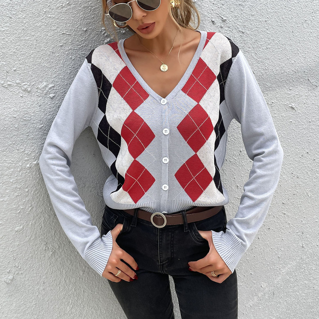 Ladies' Argyle Cardigan with deep V-neck, fine fine knit and button placket Mune Fashion