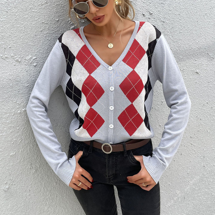 Ladies' Argyle Cardigan with deep V-neck, fine fine knit and button placket Mune Fashion