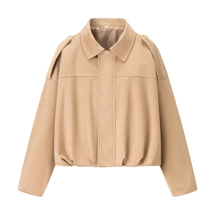 Women's cropped boxy blouse jacket with shirt collar, concealed front placket, and elastic hem Mune Fashion
