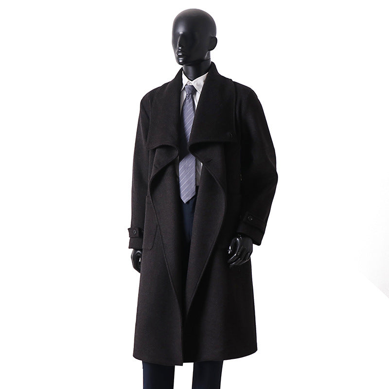 Men's Elegant Long Coat made of Wool Blend with Generous Shawl Collar and Roll-Up Cuffs Mune Fashion