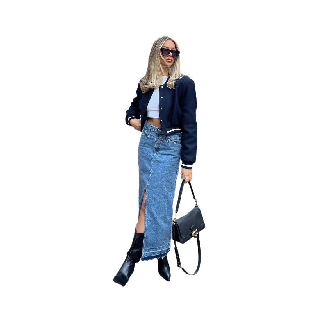 Women nan short college bomber jacket with snap button closure, ribbed stripe waistband and side pockets Mune Fashion