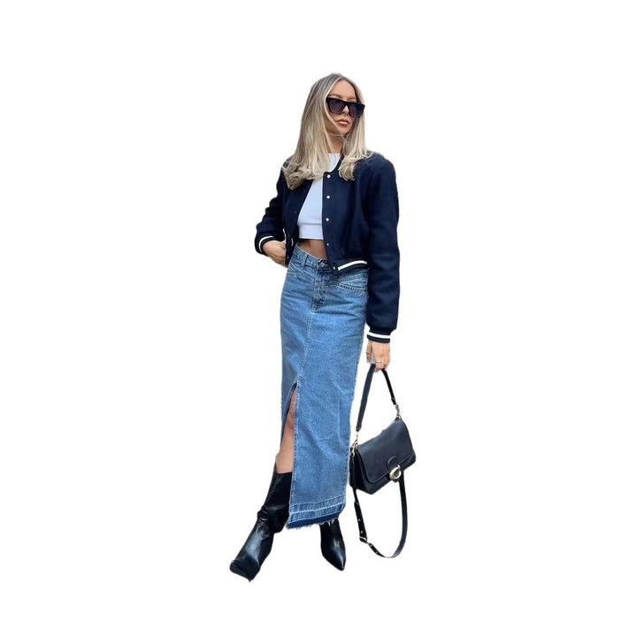 Women nan short college bomber jacket with snap button closure, ribbed stripe waistband and side pockets Mune Fashion