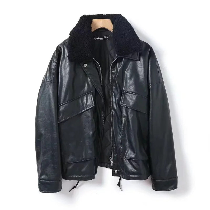 Men's oversized faux leather pilot jacket with removable teddy collar, two-way zipper and large patch pockets Mune Fashion