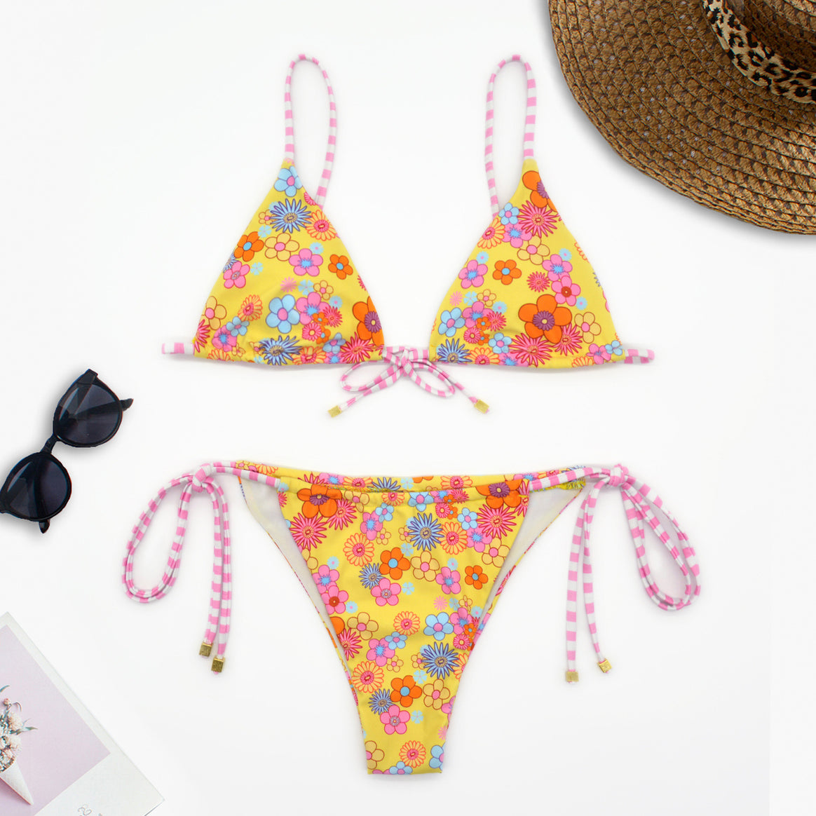 Women Flower Pattern Triangle Bikini with Adjustable Ties Mune Fashion