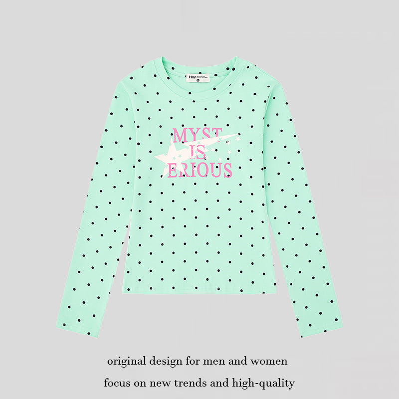 Women's long sleeve shirt with V-neck, polka dots and statement print made of cotton jersey Mune Fashion