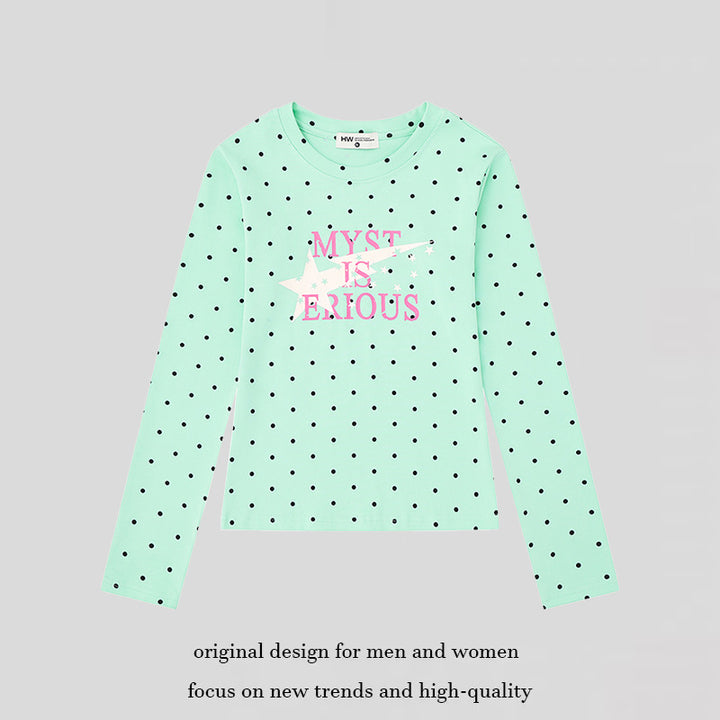 Women's long sleeve shirt with V-neck, polka dots and statement print made of cotton jersey Mune Fashion