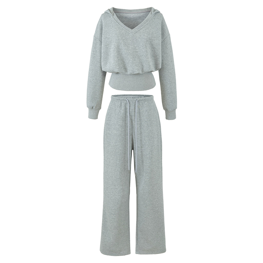 Women's Comfort Lounge Set with Short V Hooded Sweatshirt and High-Cut Wide-Leg Joggers Mune Fashion