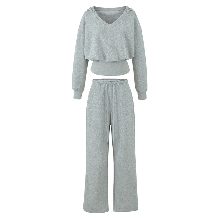 Women's Comfort Lounge Set with Short V Hooded Sweatshirt and High-Cut Wide-Leg Joggers Mune Fashion