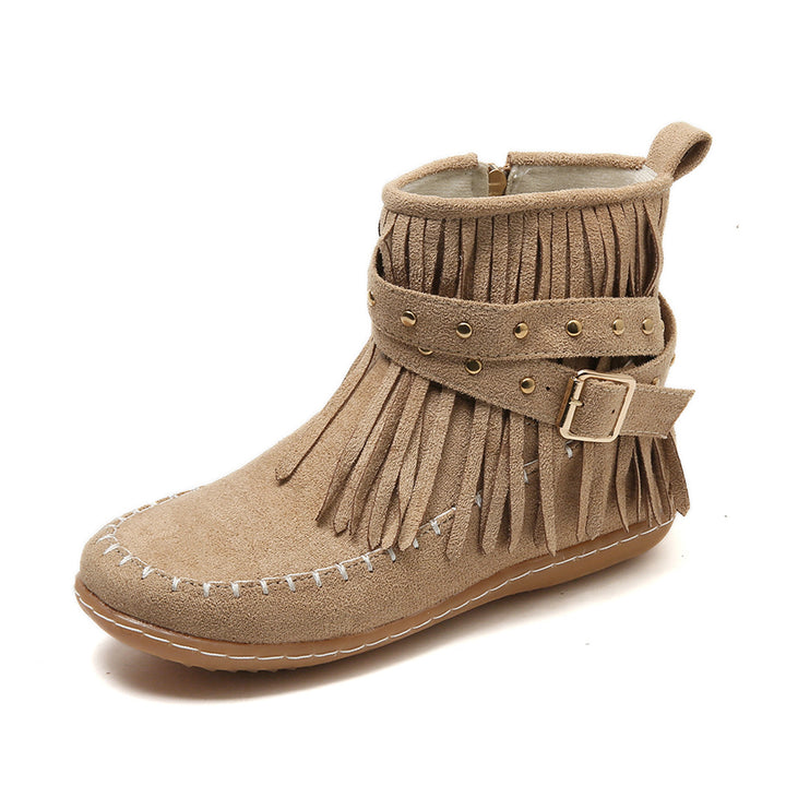 Women Moccasin Short Boots with Fringes, Decorative Belt and Hand-Stitched Moccasin Seam Mune Fashion